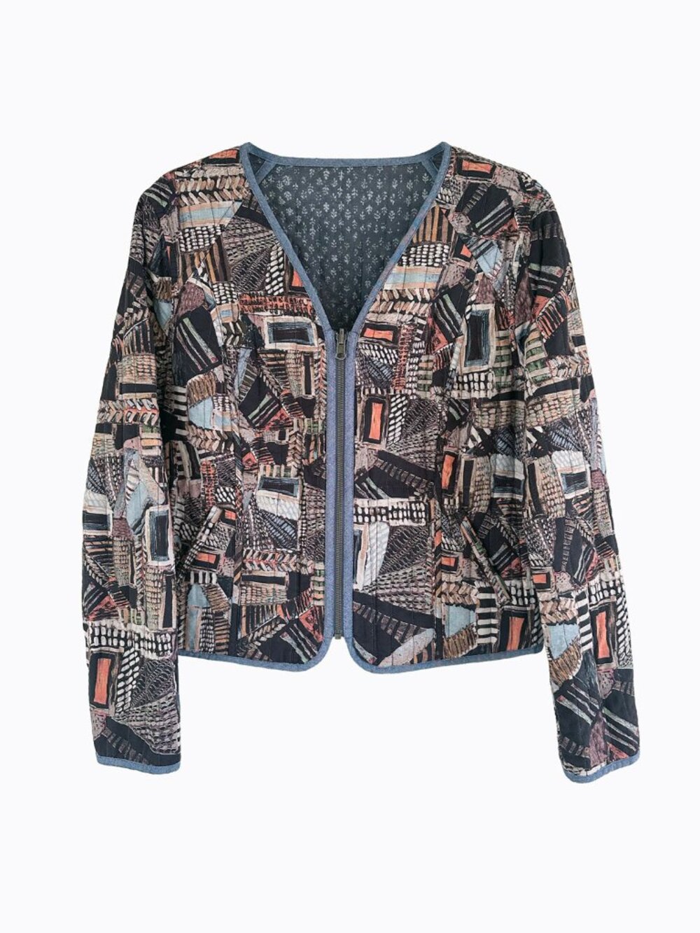Vtg Peruvian Connection Quilted Cotton Reversible Jacket S Blue Brown Boho Art